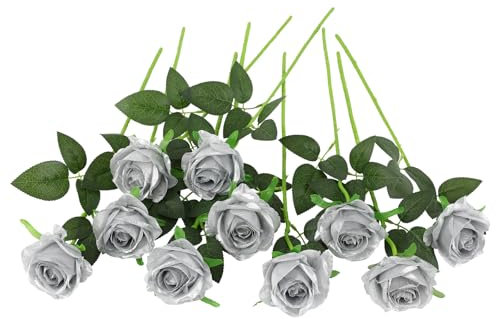 Justoyou - Rosa artificiale di seta, fiori, bouquet da sposa, colore argento