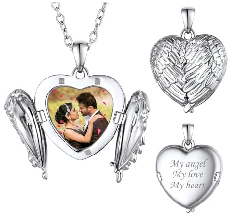 FindChic Personnalisé Photo Collier Coeur pour Femme Cuivre/Acier Inoxydable, Charm Aile d'Ange Pendentif Amour Prénom Personnalisable Enfant Maman Bijoux Noël
