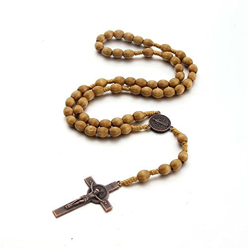 Runmeihe Collier Chapelet Croix Catholique, Perles de Prière en Bois Naturel avec Croix Médaille Jésus Christ Saint Benoît, pour Chrétiens Catholiques Communion Religieuse, Baptême, Messe, Bible