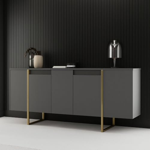 Dmora - Kommode Betel, Wohnzimmerbuffet, Wohnzimmer-Sideboard, Moderne Küchen-Speisekammer, 160x35h80 cm, Walnuss und Gold