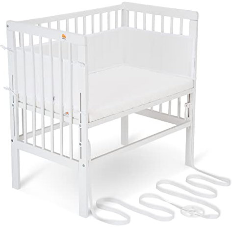 FabiMax Baby Beistellbett für Boxspringbetten, stufenlos höhenverstellbar, Buchenholz massiv weiß lackiert (mit Matratze Classic, Weiß)