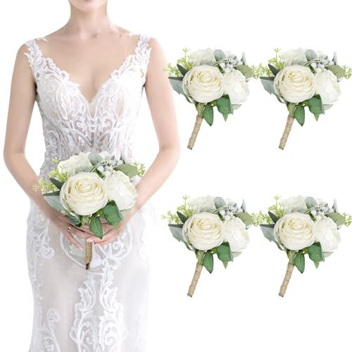 SEMONONIA Bridesmaid Bouquets - Set of 4 Ivory White Artificial Flowers Bouquet Wedding Rustic Small Floral Centerpieces for Marriage Proposal Party Anniversary Dining Table Decorations