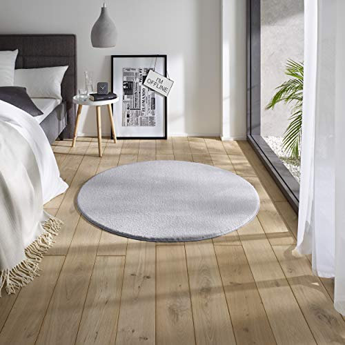 TacaHome Waschbarer Kurzflor Teppich Anti-Rutsch I Flauschiger Flachflor für Badezimmer Wohnzimmer Schlafzimmer Kinderzimmer Flur Läufer | 80 cm rund Grau