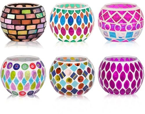 Toptime Teelichthalter 6er Set, Mosaik Glas Kerzenständer Bunte Handgefertigte Kerzenhalter, Romantischer Teelichtgläser für Tischdeko, Windlichter für Weihnachten, Geburtstage, Hochzeiten, Partys