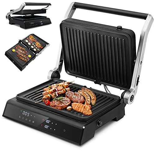 RELAX4LIFE Piastra Elettrica 2000W, Bistecchiera Elettrica con Piastre Antiaderenti e Rimovibili, 5 Modalità Automatiche, Cottura Bifacciali 90° a 230°, Timer 0-4 H, per Panini e BBQ