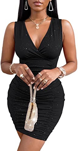 GORGLITTER Women's Rhinestone Ruched Sexy Bodycon Mini Dress Deep V Sleeveless Summer Tank Dresses Black M