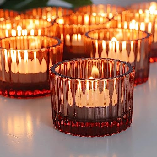 Vohocandle Rosa Teelichthalter Glas, 12er-Set, Vintage-Teelichter, Kerzenhalter, Großpackung für Hochzeit, Party, Heimdekoration, Teelichtgläser kleine für Tischdekoration(Rosa, 5 cm x 3,5 cm)