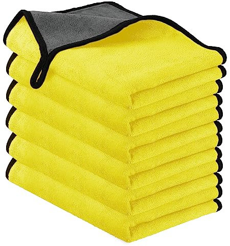 URAQT 500gsm Chiffons Microfibre de Nettoyage, 30x40cm 6pcs Chiffons de Nettoyage Extra épais en Microfibre Super Absorbant pour Lavage de Voiture, Séchage, Chiffons de Polissage（Jaune）
