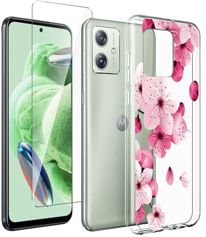 LYZXMY Funda para Motorola Moto G54 5G (6.5) + Protector de Pantalla Vidrio Templado Película Protectora - Transparente Carcasa Silicona TPU Suave Caso Case - Flower