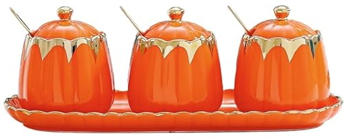 GaRcan Caja de condimentos, tarros de cerámica para Especias, Juego de ollas para condimentos de Cocina, salero, azucarero, combinación de Caja de condimentos, tarros de Especias (Naranja)