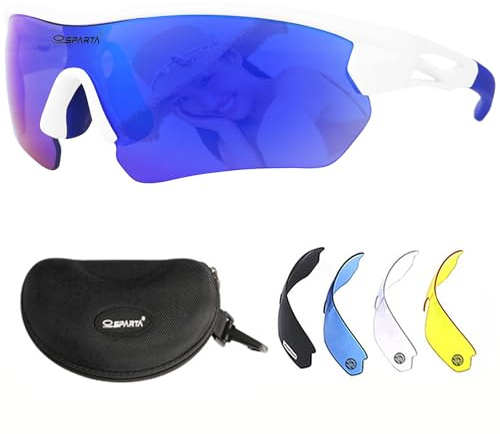 OUTDOORSPARTA Polariserade sportsolglasögon med 5 utbytbara linser för män och kvinnor TR90 obebrytbar ram (9. Vit Ram, Blå Lins)