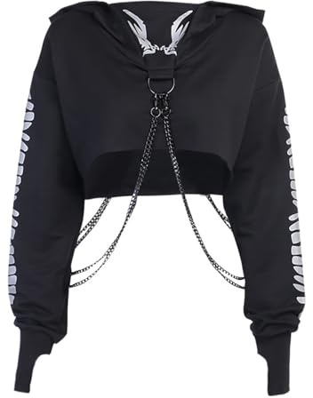 XKBHYD Gothic Punk Cool Girl Drachen Muster t Shirts Langarm Hosenträger Frauen T-Shirt Crew Neck Schwarz Crop Top Herbst Pullover