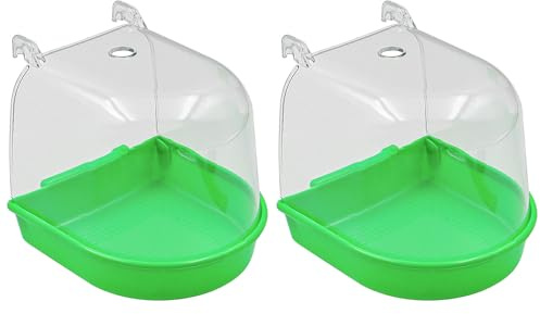 POFET 2 Stück Vogelbadewanne, hängende Badewanne, Vogelkäfigzubehör, Wasserdusche, transparente Box, Futterspender, Halter für kleine Vögel, Kanarienvögel, Wellensittiche, Papageien (grün)