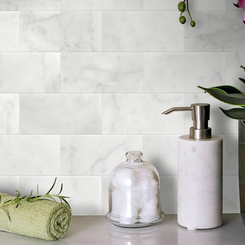 SUNWINGS 40-Sheet Subway Peel and Stick Mosaic Natural Stone Self Adhesive Tiles, 6 x 3 Honed Stick on Backsplash for Kitchen Bathroom Fireplace Vanity, Carrara White