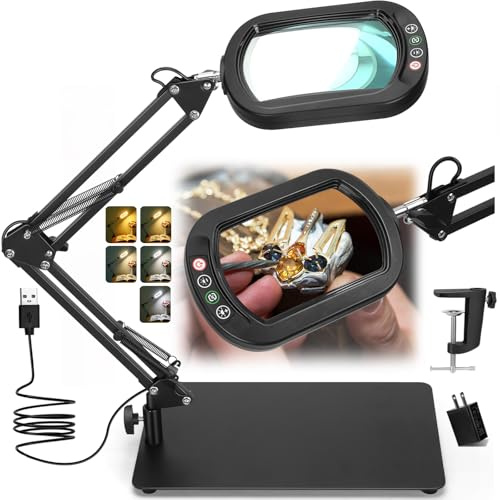 Veemagni 10X Magnifying Glass with Light and Stand, Rectangle Real Glass, 5 Color Modes Dimmable 2-in-1 LED Lighted Desk Lamp & Clamp, Hands Free Magnifier for Reading Craft Repair Painting Close Work