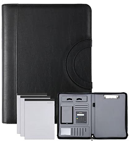 Mappe,Mappe Organizer, A4-Portfolio aus PU-Leder mit Reißverschluss for Männer und Frauen, Padfolio, Klemmbrett-Ordner mit Griff, personalisierter Portfolio-Organizer for Unternehmen(Black,Note pad*3)
