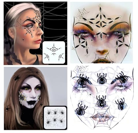 Aufkleber Gesicht Glitzersteine 2 Stück Strasssteine Spinnen Tattoo Selbstklebend Schwarz Face Jewels Gesichtsaufkleber für Halloween, Karneval, Tag der Toten, Kostümfeste Make-up