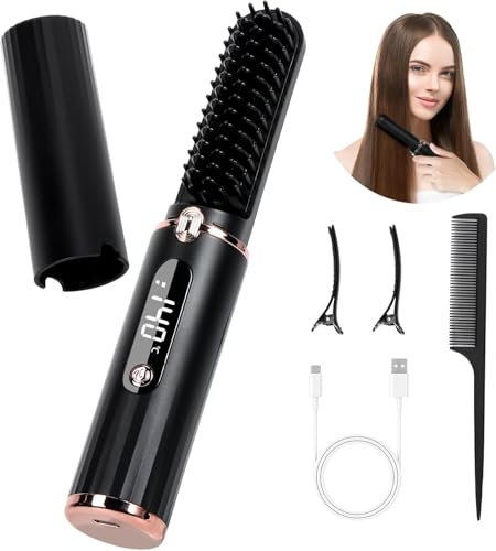 Cordless Hair Straightener Brush, Portable Hot Comb Hair Straightener Negative Ion Hair Straighteners Comb for Women 4 Temperature Beard Straightener Brush USB Rechargeable Anti-Scald Auto-Off（Black）