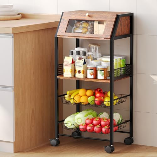 Homsorout Carrito de cocina rodante con caja de pan y 2 cestas de alambre extraíbles, carrito de almacenamiento de 4 niveles con ruedas con bloqueo, parte superior de madera y marco de metal para
