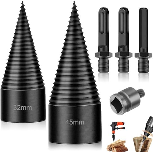 Holzspalter Schraube Kegel,32mm+45mm Holzspalter Bohrer,Bohrkegel Holzspalter,Spaltholzkegel Holzspalterbohre,Brennholzspalter Bohrer mit 3 Bohrgriffe,Schraube Kegel Schaft,Kegelspalte