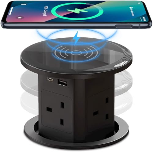 Pop Up Socket with 15W Wireless Charging - 4 AC Outlets, 1 USB Port, and 1 x 20W Type-C Port for Kitchen and Workspace, Overload Protection, Safe Power Solution [UK 13A / 110-250V / 3250W] (Black)