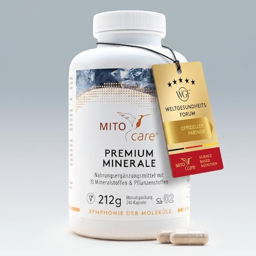 MITOcare Premium Minerale - Mineralstoffekomplex mit allen notwendigen Mineralien - Magnesium, Zink, Selen, Eisen, Bor & Glycin - vegan - Monatspackung mit 240 Kapseln - Produziert in Deutschland