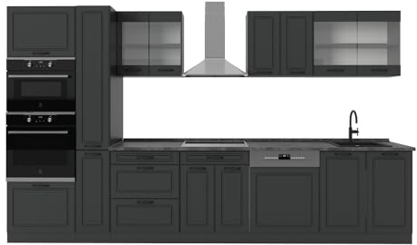 Vicco Küchenzeile R-Line, Anthrazit Landhaus/Anthrazit, 350 cm, AP Anthrazit, zur flexiblen Erweiterung durch zusätzliche Module geeignet