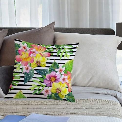 KHWEJ Cushion Covers Square Throw Pillow Case Printed Soft Pillowcases for Outdoor Patio Sofa Balcony Living Room,Bouquet with Lily Dahlia Palm Begonia Leaves Orchid Flowers on a striped bac,18x18 in