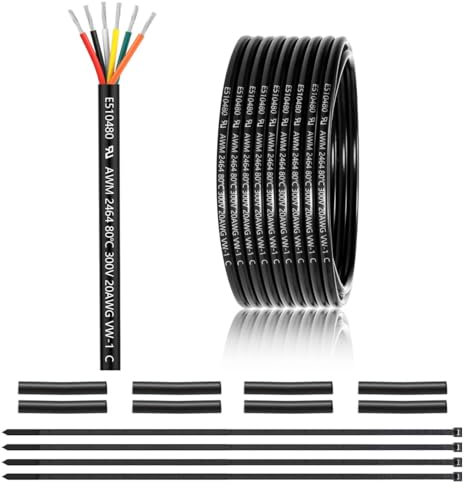 Câble 6 broches 20 AWG 6x0,5mm² 7,62 mètres, câble 6 broches 20 AWG en cuivre étainé, PVC 20 AWG 6 broches pour DC 5V/12V/24V, éclairage LED, câble d’extension, véhicules, etc., certification CE