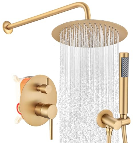 SGUVK Brushed Gold Shower Faucet Set, Bathroom Rainfall Shower System Fixture 10 Inch High Pressure Round Rain Shower Head with Handheld Sprayer Combo Wall Mount with cUPC Certified Rough-in Valve