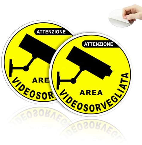 TAKULA Adesivi Area Videosorvegliata 10cm 2 Pezzi – Alluminio Rotondo | Colla forte per massima aderenza. Impermeabile e anti-UV per interno/esterno. visibilità garantita giorno e notte.