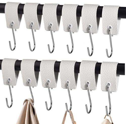 XHTXHT 12 Stück Garderobenhaken,S Haken mit Lederschlaufe,haken für Kleiderstange Haken Garderobe Kleiderhaken Edelstahl für Garderobe Küche Badezimmer Camping (weiß)