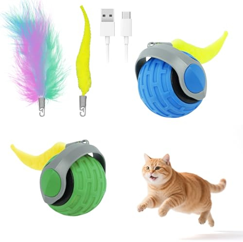 MeiKYing Interaktives Katzenspielzeug Ball, 2 Pcs Wiederaufladbarer Elektrischer Katzenball mit Federschwanz, 3 Modi Automatisches Katzenspielzeug Selbstbeschäftigung, Speedy Tail 2.0 für Katzen