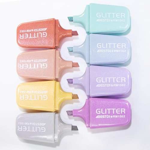 BONACE Glitzer-Textmarker, Mini-Textmarker, Keilspitze, kein Verlaufen, schnell trocknend, Schulbedarf (silberfarbener Glitzer)