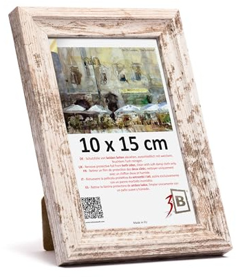 3-B Marcos de fotos MORI - Blanco vintage (rústico con veta de madera visible) - 10 x 15 cm - Marco de madera, marco para fotos, marco para retratos con vidrio acrílico
