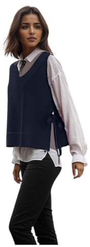 Generisch 2025 Chaleco de punto para mujer con cinturón en la cintura, escote en V, sin mangas, chaqueta de punto para invierno, jersey de cuello alto para mujer ajustado, azul, XL