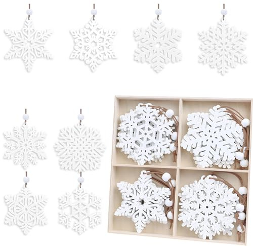 32 Stück Weihnachtsbaumschmuck, Schneeflocken Deko Aus Holz, Christbaumschmuck Weiß, Holzschmuck Weihnachtsbaum, 8 Verschiedene Größen Mit Aufhängung Und Holzperlen(7cm)