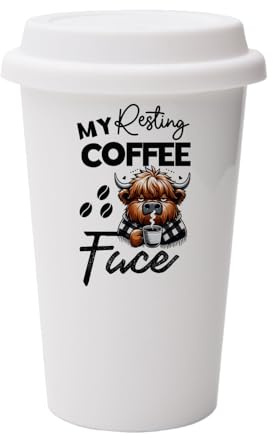 My Resting Coffee FACE Mug - Highland Cow Lover Gift - White Ceramic Travel Mug, with White Lid.