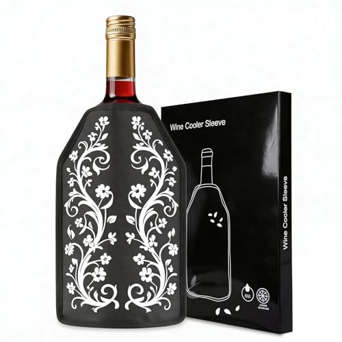 Wine Bottle Cooler, Wine Chiller Bottle Sleeve, Gel Wine Bottle Chill Cooler Ice Pack Sleeve- Freezer Sleeve- Vodka- Tequila Chiller- Cooler- Carrier (Black(White Flora))