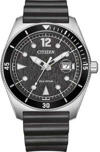 Citizen Eco-Drive Herrenuhr Edelstahl, Schwarz, 43 mm, AW1889-00E | Analog Quartz, Kristallglas, 10 bar Wasserdicht, 240 Tage Gangreserve, Datum, Gummiband (Urethan)band