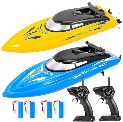 Garvee 2er Set RC Boote – Ferngesteuerte Hochgeschwindigkeitsboote, wasserdicht & 2.4GHz, 10 km/h, für Kinder & Erwachsene, Pools & Seen, 4 Akkus – Farbe: Blau/Gelb