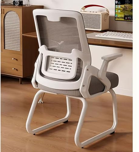 Silla de Oficina ergonómica de Rejilla con Base de patín Silla de Oficina for visitas con Apoyo Lumbar for Salas de reuniones dormitorios Zonas de Espera recepciones(Gray+White Frame)