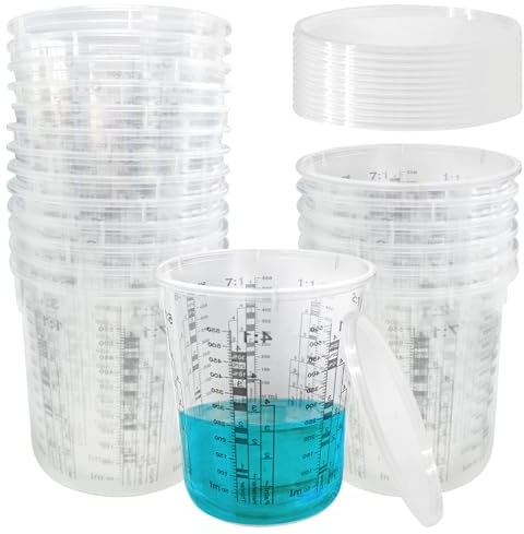 20 bicchieri da miscelazione per vernice, 680 ml, con 20 coperchi, misurino con scala, in plastica, per liquidi, colori pigmentati