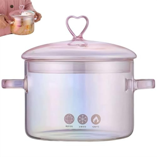 Herzförmiger rosa Borosilikatglas-Topf mit Deckel, Doppelgriff, hitzebeständiges Kochgeschirr für Herd, Ofen und Spülmaschine, ideal für Pasta, Suppen, Potpourri