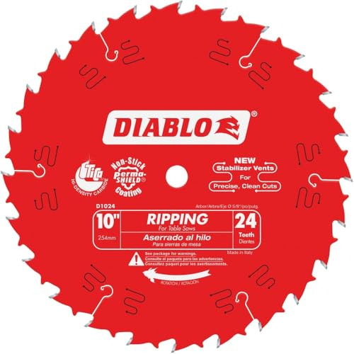 Diablo Ripping Saw Blade for Wood - 10 Diameter, 24 ATB Teeth, 5/8 Arbor, .098 Kerf, 15° Hook Angle, .071 Plate, Max 6000 RPM - D1024X