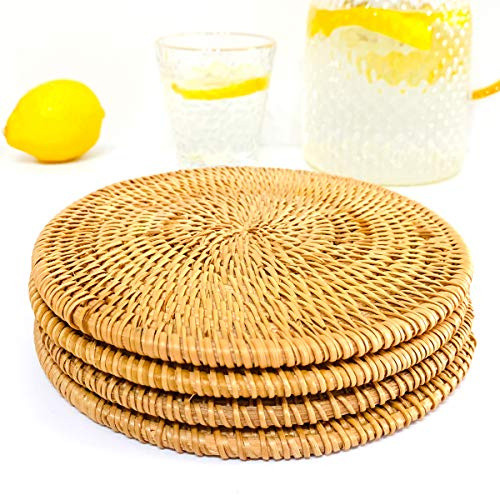 Handgemachte Rattan Topfuntersetzer, rutschfest, langlebig, hitzebeständige Untersetzer, Elegante Tischdeko & Platzmatten, Hitzeschutz, X4-Set, Ø 18 cm