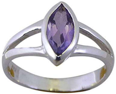Bague en argent véritable améthyste pour femme Février Bithstone Forme marquise Tige fendue Taille 5,6,7,8,9,10,11,12, Argent, Améthyste