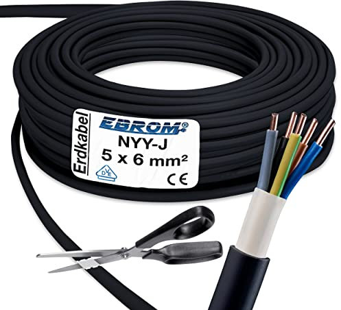 EBROM Erdkabel NYY-J 5x6 mm² - Starkstromkabel - PVC Erdleitung - schwarz - Meterware auf den Meter genau - Auswahl in 1 Meter Schritten, viele Längen - NYY-J 5x6 mm2 - Ihre Länge: 20 Meter