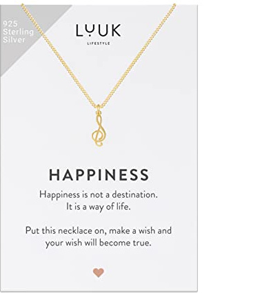 LUUK LIFESTYLE Collier avec Pendentif Clef de Sol en Argent Sterling 925 et Carte HAPPINESS, Personnalisé Cadeau fan de Musique, Noël femme, Fille, Bijou Motif Musical, Or (50cm Env.)