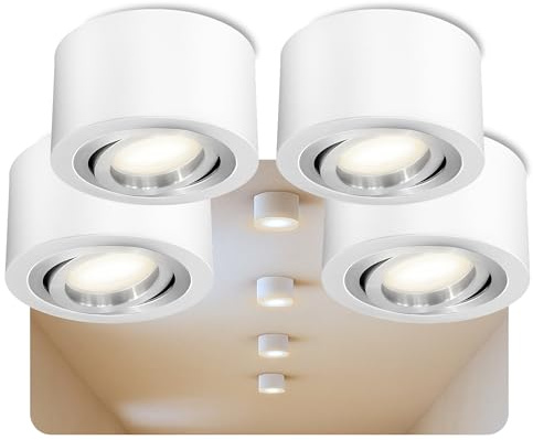 SSC-LUXon 4 x LANTI Aufbauspot weiß rund silber Innenring – schwenkbarer Strahler mit LED 4W neutralweiß 230V – Spot für Wohnzimmer & Küche